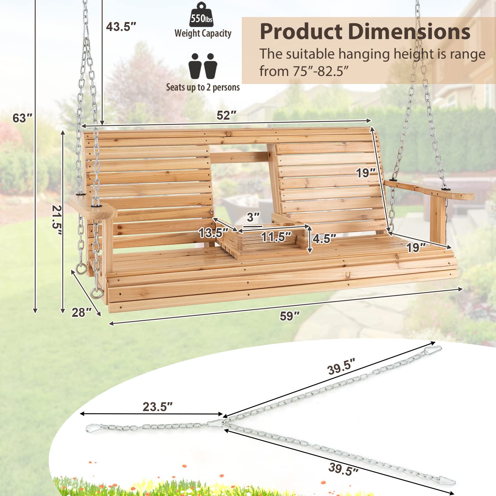 Tangkula 2 Person Hanging Porch Swing, Outdoor Bench Swing with Adjustable Chains, Foldable Cup Holders, High Back, Cozy Armrests, Wooden Hanging Swing Chair for Backyard Deck Garden Natural - WoodArtSupply