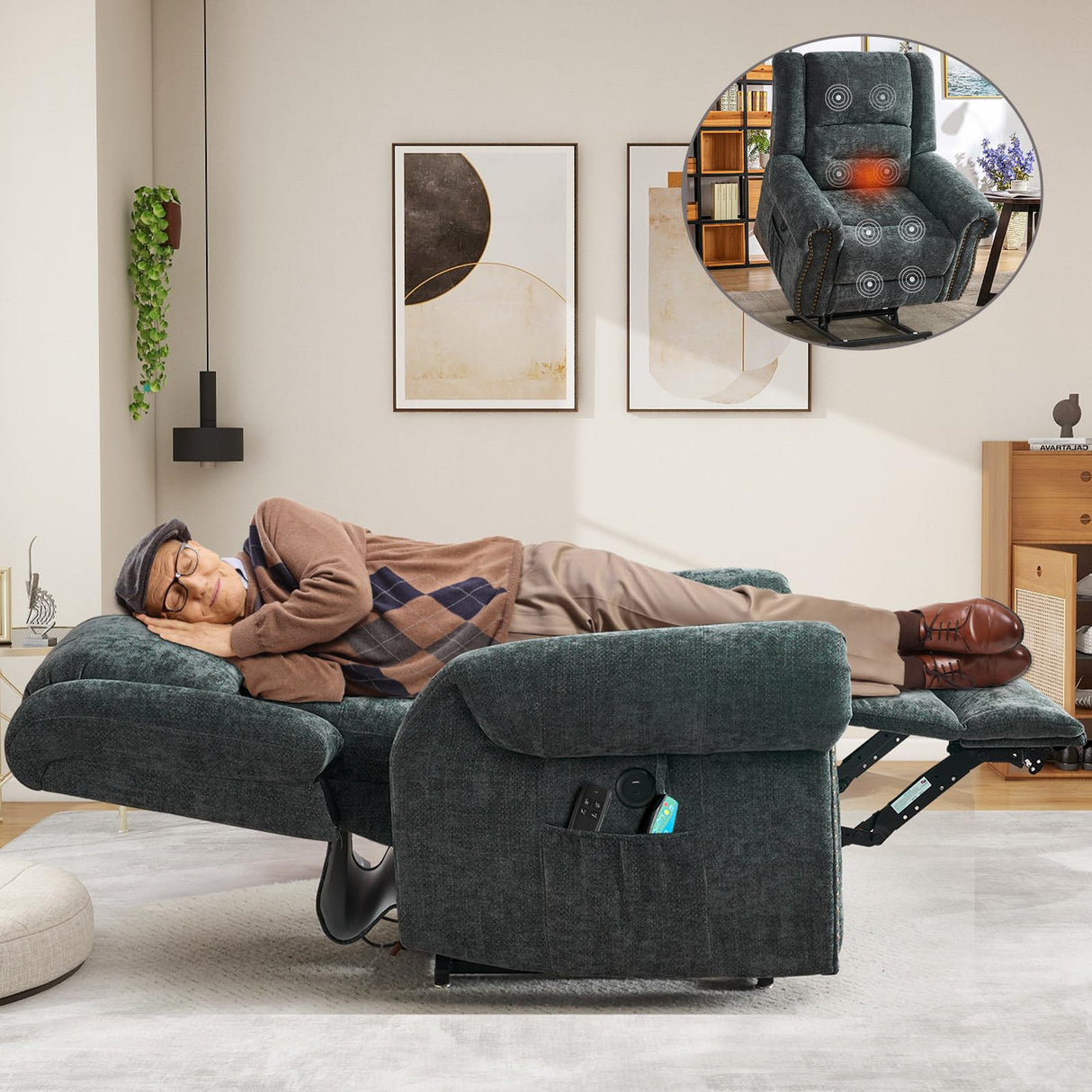 CDCASA Dual Motor Lay Flat Lift Chairs Recliners for Elderly with Massage and Heat, Upgraded Chenille Infinite Position Large Sleeping Electric Power Lift Chair Recliner for Seniors, Grey Blue CDCASA