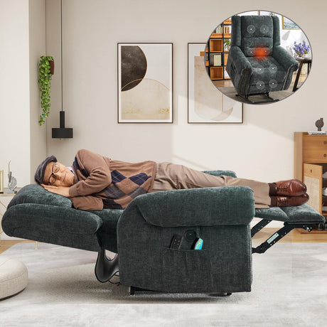 CDCASA Dual Motor Lay Flat Lift Chairs Recliners for Elderly with Massage and Heat, Upgraded Chenille Infinite Position Large Sleeping Electric Power Lift Chair Recliner for Seniors, Grey Blue CDCASA