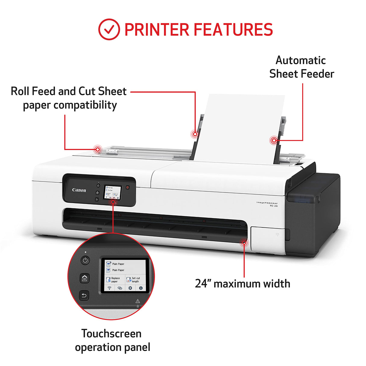 Canon imagePROGRAF TC-20 – Single Function Printer | 24" Large Format Poster & Plotter Printer - Automatic Roll & Cut Sheet Paper Feeder, USB, Wi-Fi, LAN,White Canon