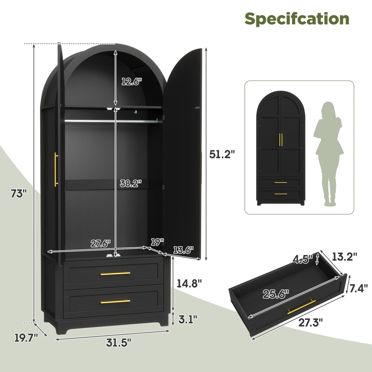 Maupvit Wardrobe Closet, Modern Armoire Wardrobe Closet with 2 Drawers and Arched Doors, 73" Tall Wooden Bedroom Armoires with Shelves and Hanging Rod, Black Maupvit