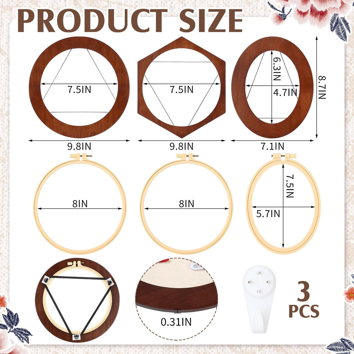 Vercraft 3 Set Embroidery Hoop Frame 8 Inch Decorative Wood Embroidery Frame with 8 Inch Cross Stitch Hoop for Display Finished DIY Art Craft Hanging Sewing Ornaments, Round, Hexagon, Oval Vercraft