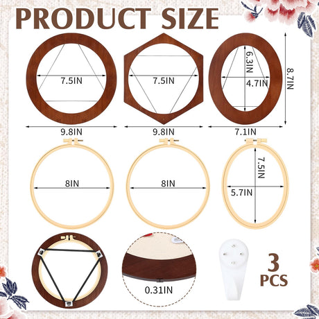 Vercraft 3 Set Embroidery Hoop Frame 8 Inch Decorative Wood Embroidery Frame with 8 Inch Cross Stitch Hoop for Display Finished DIY Art Craft Hanging Sewing Ornaments, Round, Hexagon, Oval Vercraft