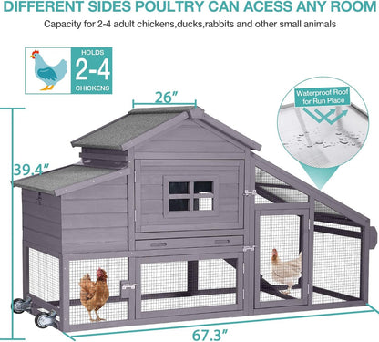 Chicken Coop for 4 Chickens, Mobile Chicken House with with Wheels, Outdoor Hen House Poultry Cage with Nesting Box, Leakproof Pull Out Tray and UV-Resistant Roof (67.3" L x 29" W x 39.4" H) - WoodArtSupply