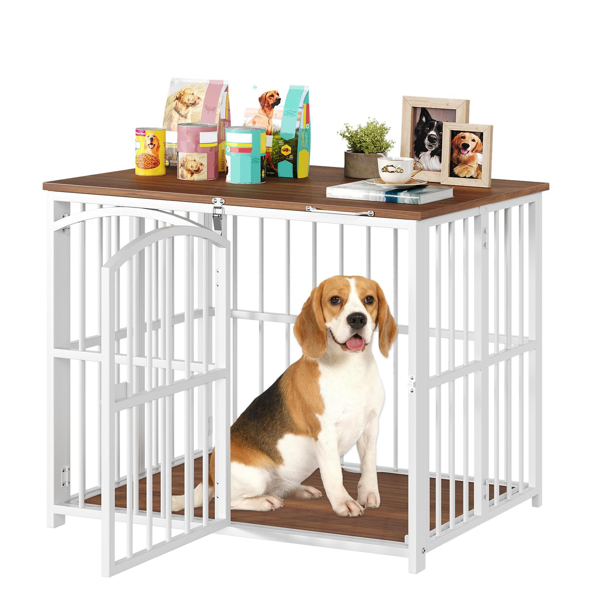 HOOBRO Foldable Dog Crate Furniture, 31.5" Indoor Dog Kennel No Assembly, Wooden Dog Cage Decorative Side End Table, for Medium Small Dogs, White and Walnut WH86GW03 HOOBRO