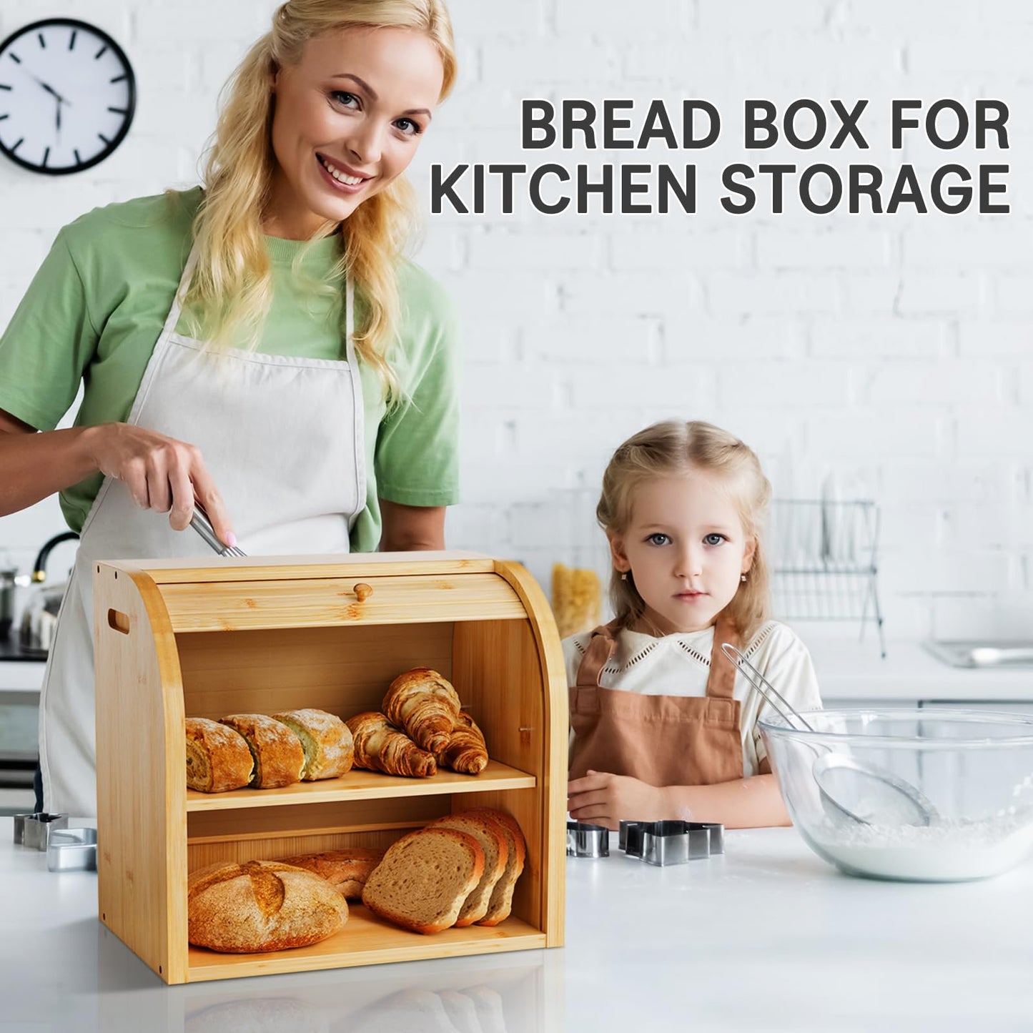 Merysen 2 Tier Bamboo Bread Box for Kitchen Countertop–Bread Storage Holder, Large Capacity Bread Storage Container, with Removable Layer for Home Storage and Display (Self-assembly) - WoodArtSupply