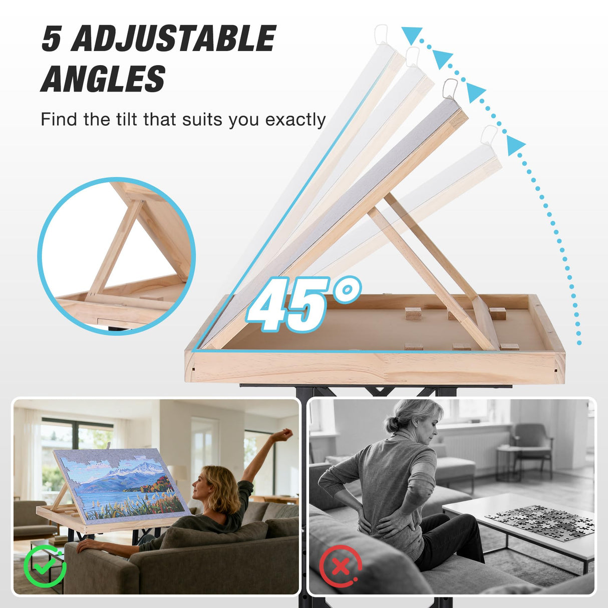 FUNTOK 1500 Piece Jigsaw Puzzle Table with Legs for Adults, Portable Wooden Puzzle Tables with Wheels, Drawers, Adjustable Height with Scales, 5-Tilting-Angle, Transparent Cover, Non-Slip Felt Surface FUNTOK