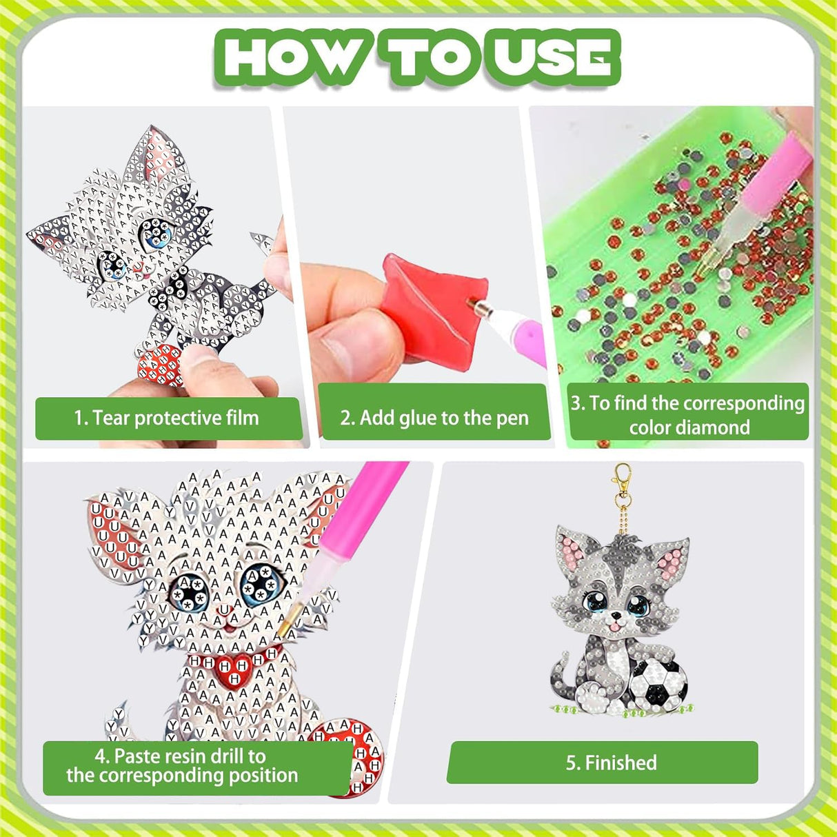 Masendp 8 Pieces Diamond Painting Keychain Animal Style Diamond Art Jewelry Double Sided 5D Diamond Painting Kit for Beginners Adult DIY Art Craft Gifts Home Decor (Football & Cat) Masendp