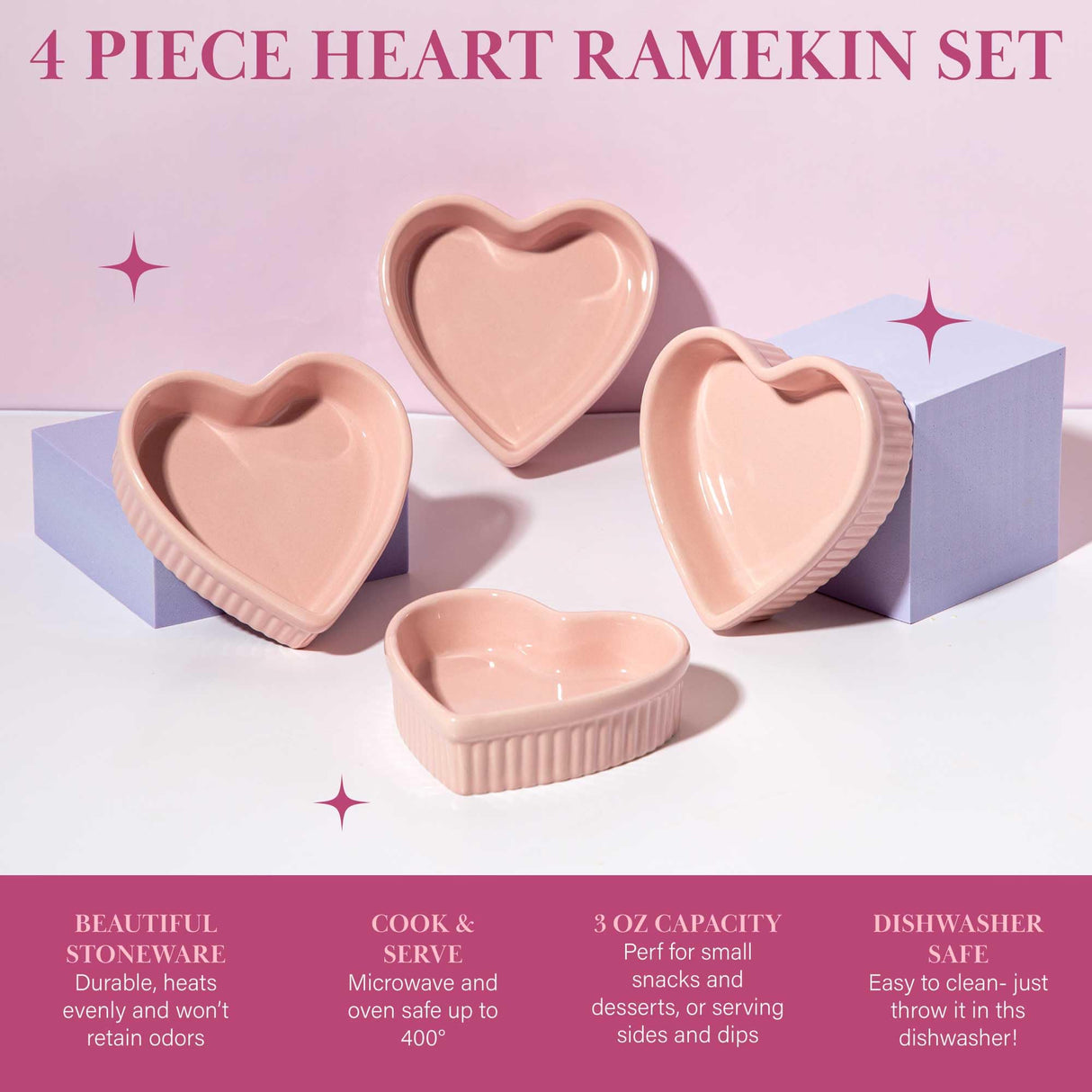 Paris Hilton Heart Shaped Ramekin Set, Mini Ceramic Ramekins, Oven Safe Baking Dishes, Dishwasher Safe, Stoneware Made without PFOA, 4-Piece Set, Pink Paris Hilton
