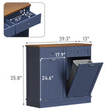 TOLEAD Double Tilt Out Trash Cabinet 20 Gallon,Antique-style Beadboard Trash Can Cabinet Kitchen with Solid Wood Tabletop & Drawer, Pet Proof Trash Can, Wood Laundry Cabinet (Blue) TOLEAD