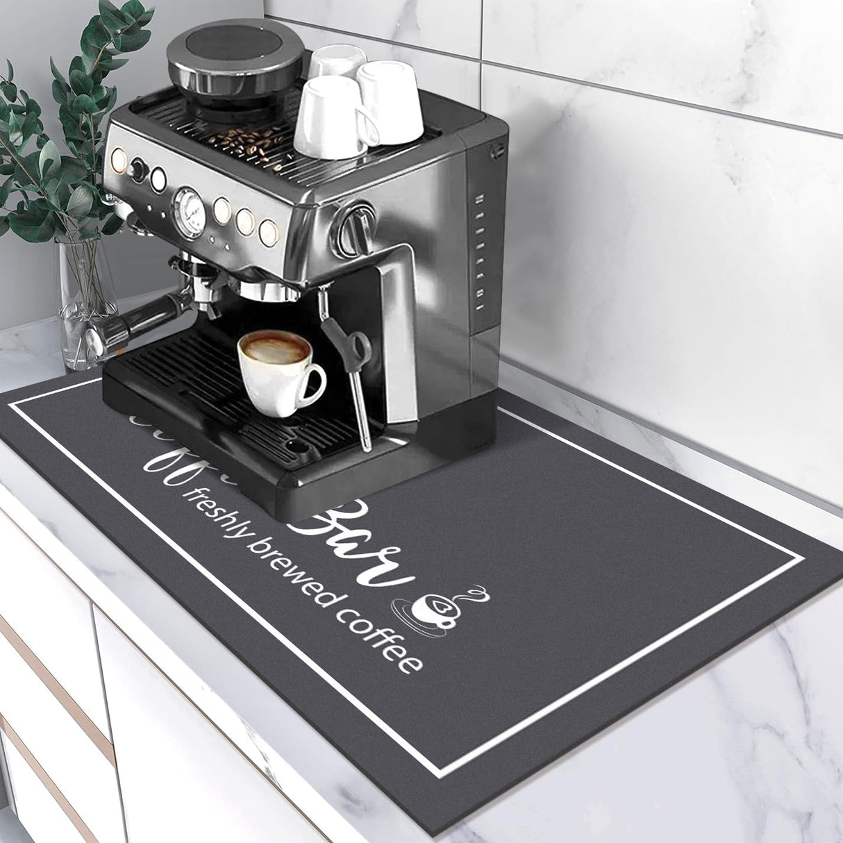 Findosom Dish Drying Mat, 12"x20" Absorbent Coffee Bar Mat for Countertops, Coffee Bar Accessories with Coffee Cup Pattern for Kitchen Counter Coffee Maker Coffee Pot Dining Room Decoration Findosom