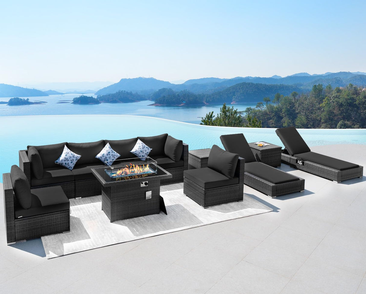 NICESOUL 11 Piece Outdoor Patio Conversation Set with Fire Pit Natural Gas/Propane, 29.3'' High Back Sectional Furniture w/Chaise Lounge, Deep Large Seating Sofa Couch, 2 Color Cushion Black & Gray NICESOUL