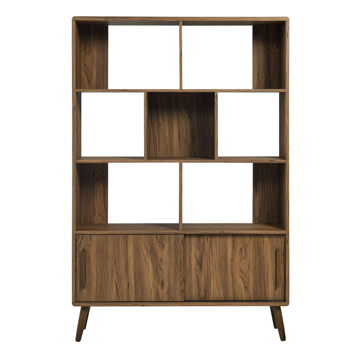 Modway Transmit 8 Shelf Bookcase with Sliding Doors in Walnut - 45 Inch Wood Mid-Century Modern Bookshelf - 4 Tier Tall Open Display Storage Cabinet for Living Room, Office, Hallway Modway