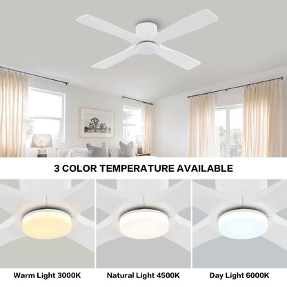 WINGBO 54 Inch Flush Mount DC Ceiling Fan with Lights and Remote, 4 Reversible Carved Wood Blades, 6-Speed Noiseless DC Motor, Hugger Ceiling Fan in Gloss White with White Blades, ETL Listed