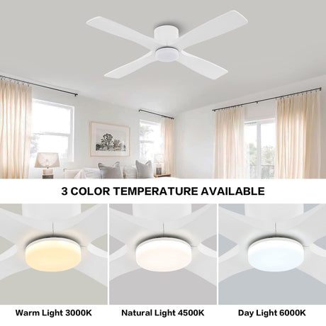 WINGBO 54 Inch Flush Mount DC Ceiling Fan with Lights and Remote, 4 Reversible Carved Wood Blades, 6-Speed Noiseless DC Motor, Hugger Ceiling Fan in Gloss White with White Blades, ETL Listed WINGBO
