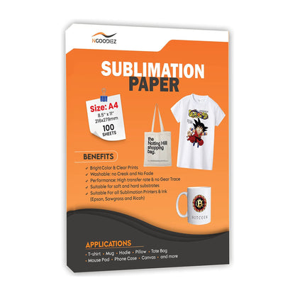 NGOODIEZ Sublimation Paper for Cotton Polyester T Shirt Fabric, Mugs, Wood, Canvas, & More, Paper for Printer Compatible w/Any Inkjet Printer w/Sublimation Ink, 100 A4 Sublimation Paper 8.5 x 11