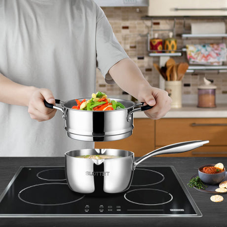 SLOTTET Tri-Ply Full Body Stainless Steel Sauce Pan with Steamer,1.5 Quart Small Multipurpose Pasta Pot with Strainer Glass Lid, Saucepan with Pour Spout for Cooking Stay-cool Handle. SLOTTET