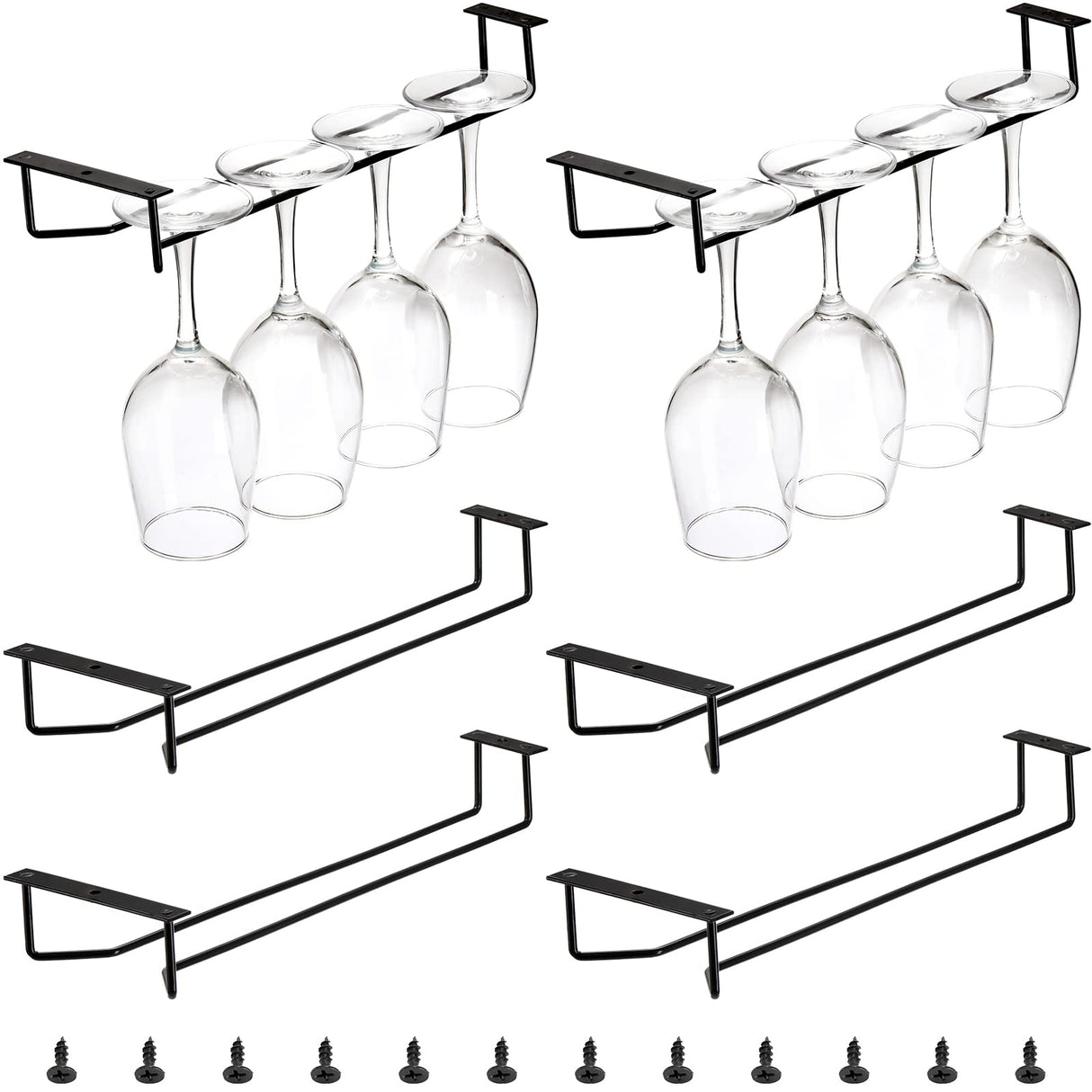 Dicunoy 6 Pack Black Wine Glass Rack, 14 Inch Under Cabinet Stemware Holder, Wall Mounted Iron Wine Glass Hanging Rack for Shelf, Kitchen, Bar, Wine Cellar Storage, Organizer, Display Dicunoy