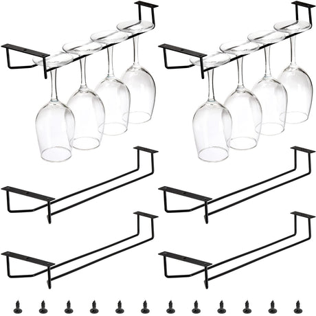 Dicunoy 6 Pack Black Wine Glass Rack, 14 Inch Under Cabinet Stemware Holder, Wall Mounted Iron Wine Glass Hanging Rack for Shelf, Kitchen, Bar, Wine Cellar Storage, Organizer, Display Dicunoy