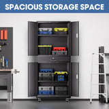DNA MOTORING 73'' Metal Storage Cabinet, Rolling Garage Cabinet with 1 Drawer and Adjustable Shelves, Lockable Heavy Duty Metal Locker for Garage,Office,Home,Gym, Black, TOOLS-00630-BK-BK-A DNA MOTORING