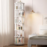 Muwuele Solid Wood Rotating Bookshelf on Wheels, 6 Tier, Round Revolving Bookcase, 360° Spinning Book Shelf Tower for Kids, Narrow Rolling Bookshelves for Small Space, Corner, Bedroom, Office, White Muwuele