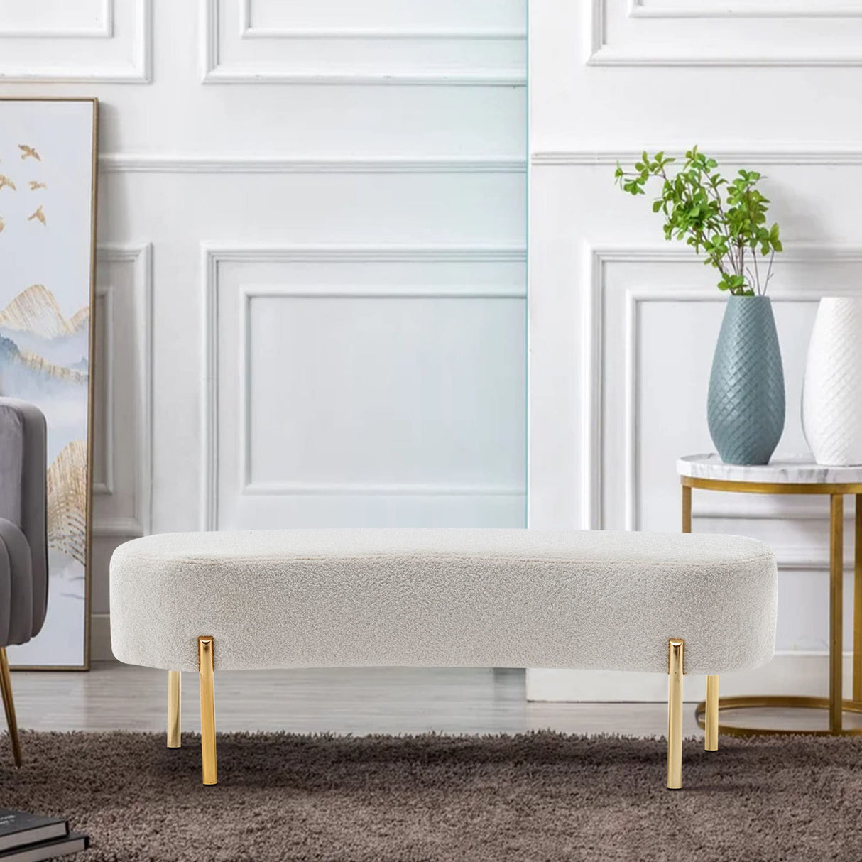 ALISH Upholstered Bench Modern Ottoman Bench Bed Bench Entryway Bench with Gold Legs for Living Room, Bedroom White ALISH