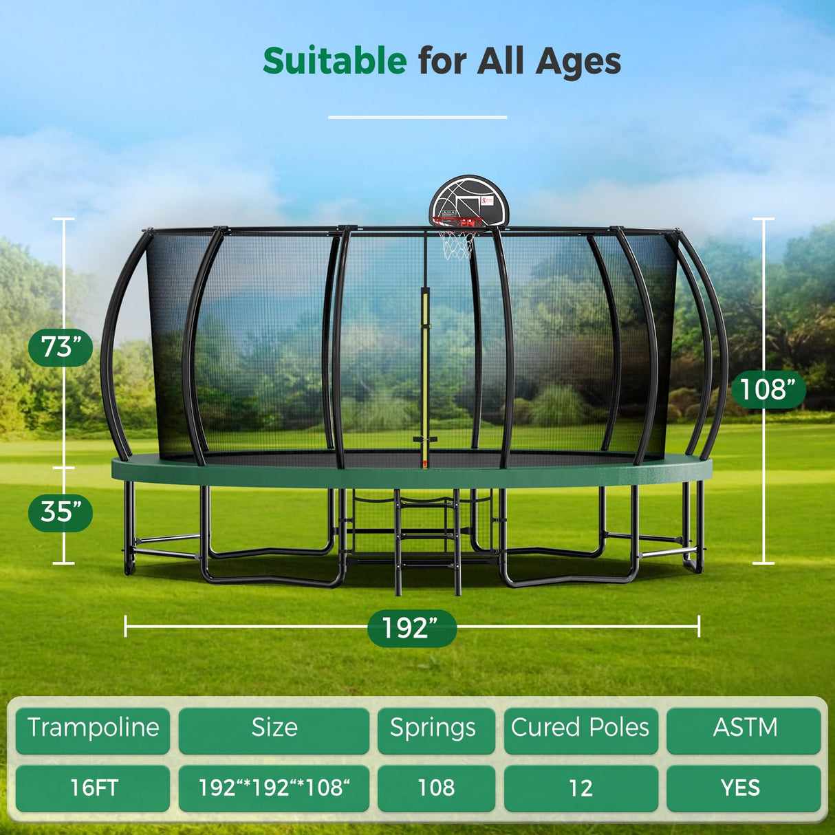 Tatub 16FT Upgrade Trampoline for Kids and Adults, Outdoor Recreational Trampolines with Basketball Hoop & Enclosure Net, Curved Poles & Storage Bag, Pumpkin Trampoline Capacity for 6-8, Green Tatub