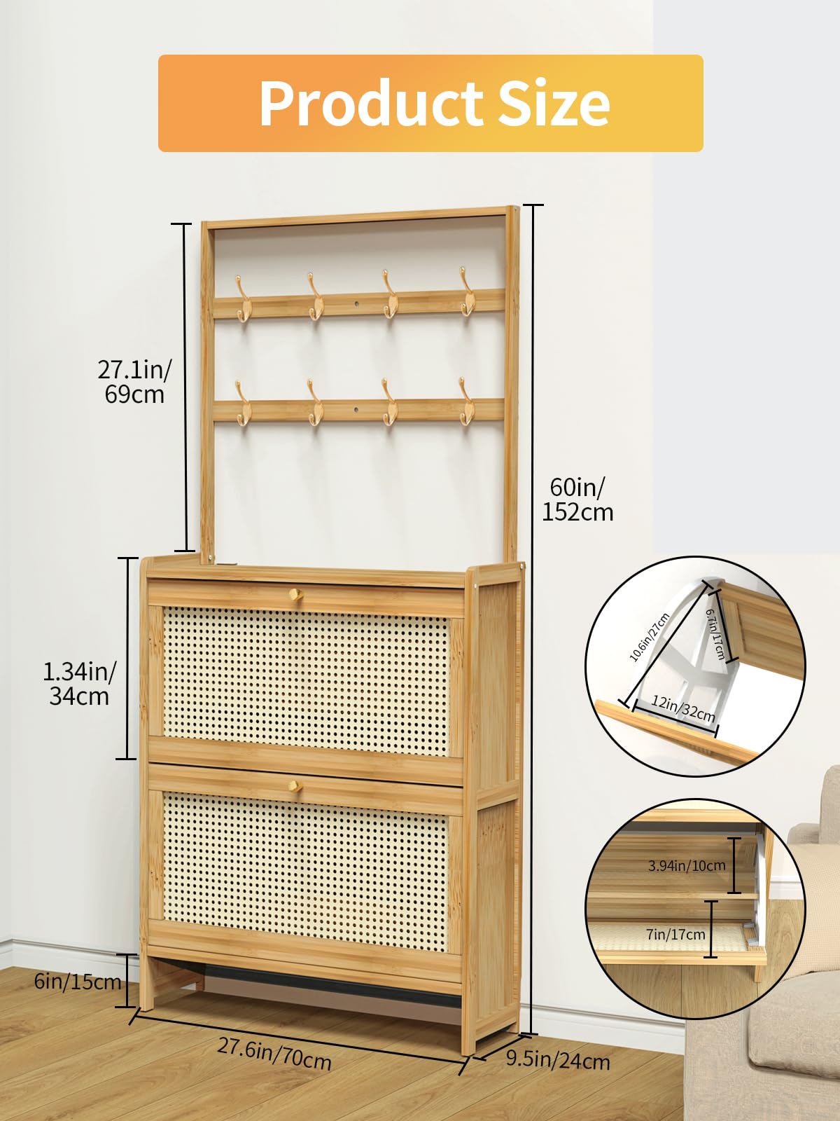 Maiproo Bamboo Shoe Cabinet Rattan with Hanging Rack Hidden Shoe Storage Cabinet Narrow Wood Freestanding Organizer with 2 Flip Drawers Adjustable Panel for Entryway Hallway Light Brown Maiproo