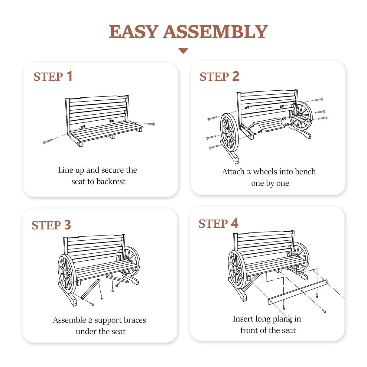 VINGLI Outdoor Rustic Wooden Bench with Wagon Wheel Arms, 3 People Outdoor Bench Garden Bench Front Porch Furniture Patio Lawn Yard Park, Indoor and Ourdoor Decor VINGLI