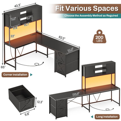 SEDETA Corner Computer Desk, Reversible L Shaped Computer Desk with Fabric Drawers and Power Outlet, Gaming Desk with Led Lights, Hutch and Storage Shelf for Home Office, Black - WoodArtSupply