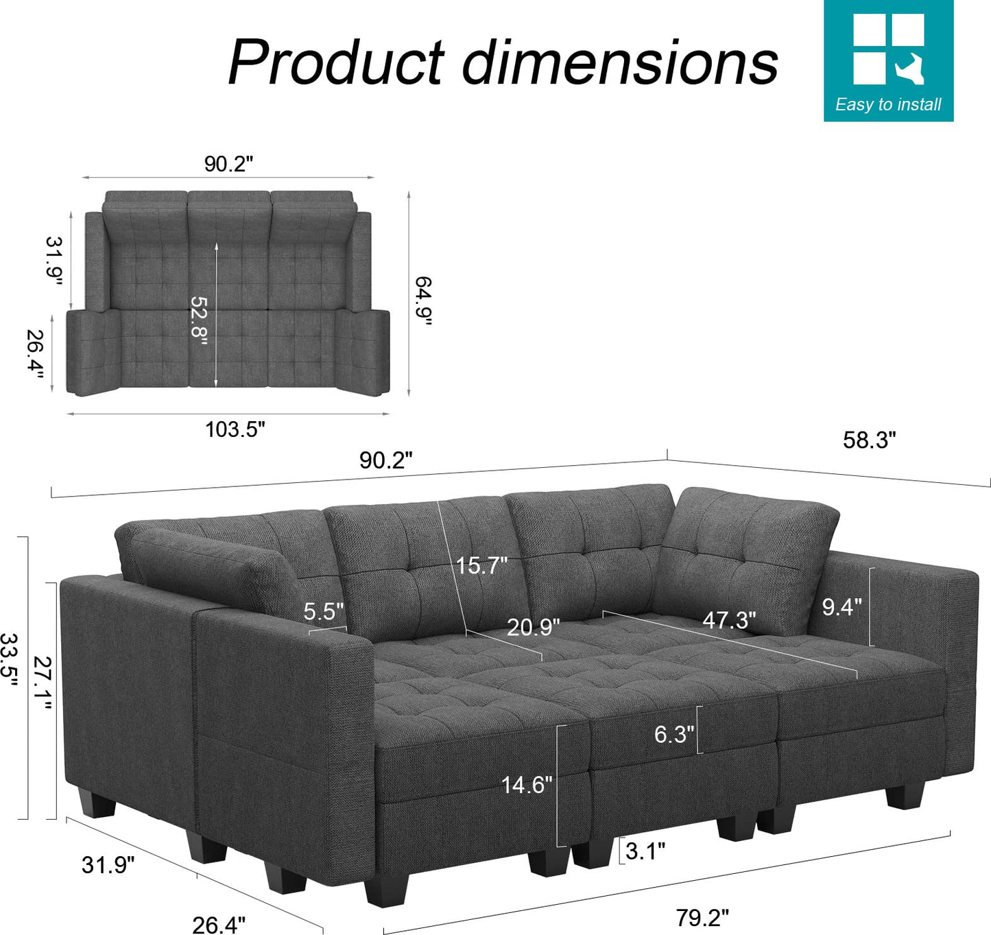 Belffin Modular Sectional Sofa with Storage Sectional Sleeper Couch Modular Sofa Bed for Living Room Dark Grey