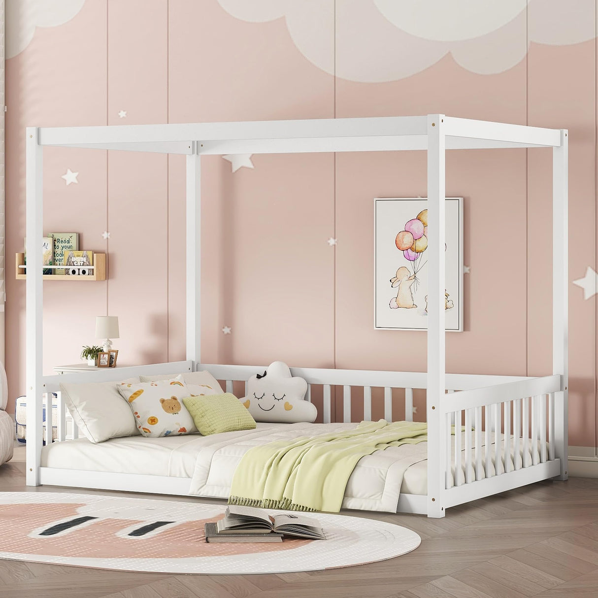 Full Size Canopy Bed Frame with Guardrails for Kids,Floor Bed Full with Four Poster Design,Kids Montessori Floor Bed,Wood Canopy Bed Frame for Girls,Boys(Full,White) Bellemave