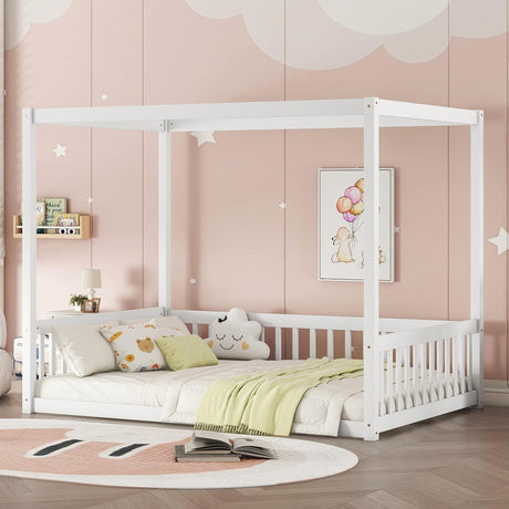 Full Size Canopy Bed Frame with Guardrails for Kids,Floor Bed Full with Four Poster Design,Kids Montessori Floor Bed,Wood Canopy Bed Frame for Girls,Boys(Full,White) Bellemave