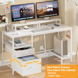 Furologee White Computer Desk with Drawer and Power Outlets, 47" Office Desk with 2 Monitor Stands and Fabric File Cabinet, Writing Gaming Table with Shelves and 2 Hooks for Home Office Furologee