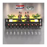 Pengfei LED Wine Rack Wall Mounted, Industrial Metal Wall Wine Shelf & Glass Holder, Large Floating Shelves Wine Bottle Storage Display Rack for Home Bar Dining Room Decor, Black Pengfei