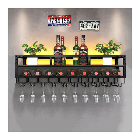 Pengfei LED Wine Rack Wall Mounted, Industrial Metal Wall Wine Shelf & Glass Holder, Large Floating Shelves Wine Bottle Storage Display Rack for Home Bar Dining Room Decor, Black Pengfei