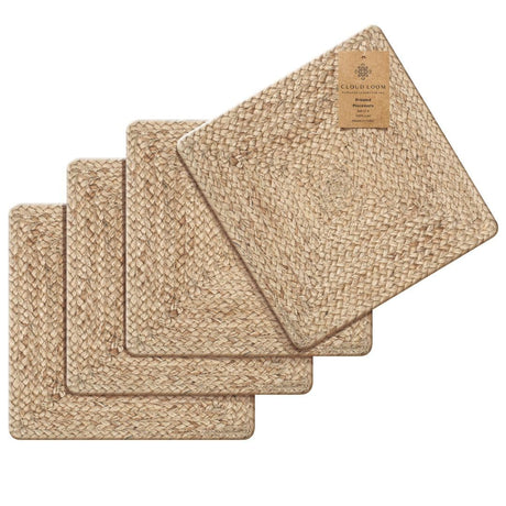 CLOUDLOOM Handcrafted Jute Braided Placemats Set of 4 - 100% Jute Handwoven Rustic Vintage Farmhouse Placemats 14x14 Inch Square, Durable Non-Slip for Dining, Kitchen, Coffee Table Décor Table Mats CLOUDLOOM