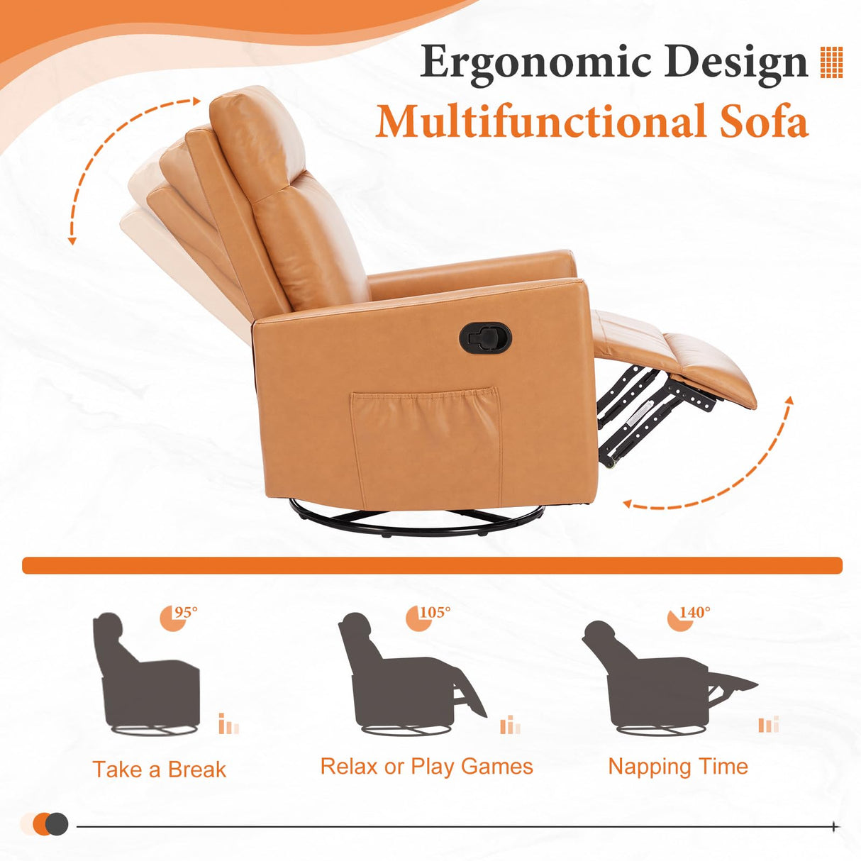 Sweetcrispy Recliner Chair, 360 Swivel Rocker Chair for Adults, Glider Rocker Recliners, Nursery Chairs for Living Room, High Back, Upholstered Deep Seat,Brown Sweetcrispy