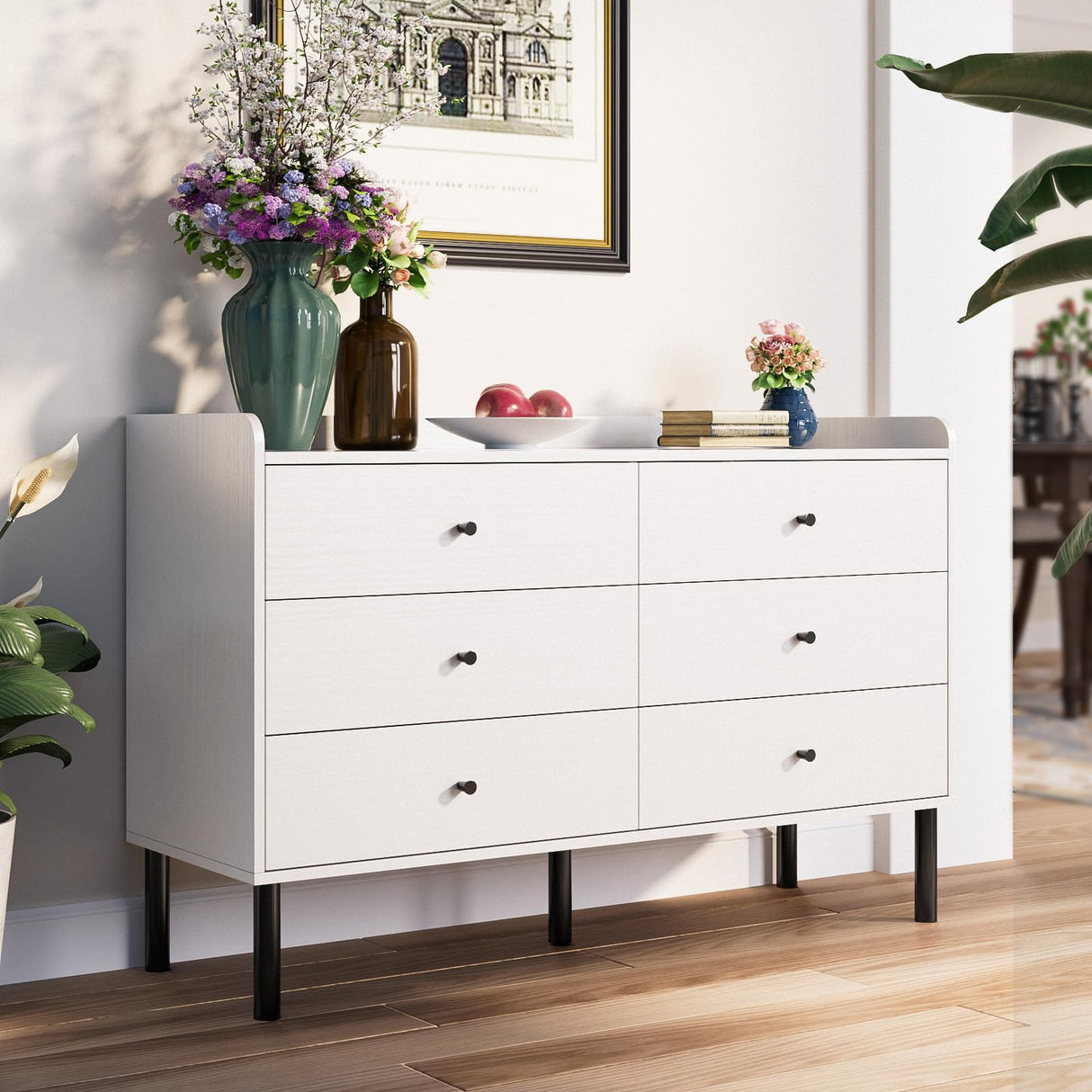 LYNSOM White Dresser for Bedroom, 6 Drawer Dresser with Wide Drawer and Metal Handles, Modern Dressers & Chests of Drawers for Hallway Entryway LYNSOM