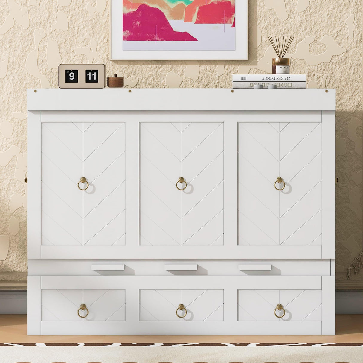 Harper & Bright Designs Full Size Murphy Bed with USB Charging Station/Large Drawer, Wood Full Size Bed Wall Bed with Storage, Cube Cabinet Bed for Home Office Guest Room Bedroom,White Harper & Bright Designs