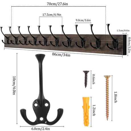 IBosins Wall Mounted Coat Rack with 10 Decorative Hooks, 34'' Long, Old Wood Color Coat Hanger, Rustic Coat Hooks Rail for Entryway Living Room Coat Scarf Bag Towel Hat IBosins