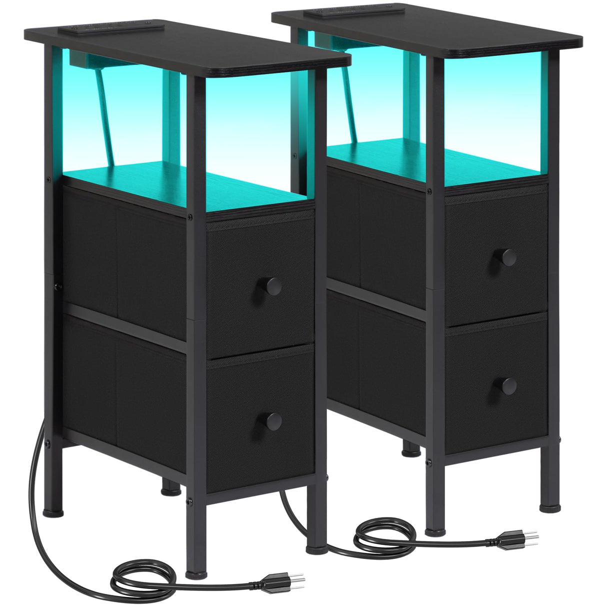 LOAKEKEL Narrow End Tables Living Room Set of 2 with Charging Station, Skinny Side Table with Fabric Drawers, Slim LED Nightstand for Bedroom, Small Spaces, Couch, Black, HETNDP02LBK LOAKEKEL
