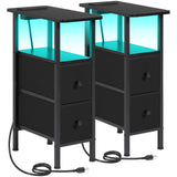 LOAKEKEL Narrow End Tables Living Room Set of 2 with Charging Station, Skinny Side Table with Fabric Drawers, Slim LED Nightstand for Bedroom, Small Spaces, Couch, Black, HETNDP02LBK LOAKEKEL
