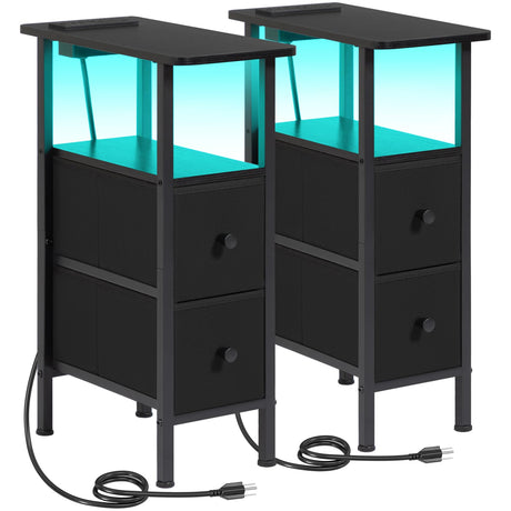 LOAKEKEL Narrow End Tables Living Room Set of 2 with Charging Station, Skinny Side Table with Fabric Drawers, Slim LED Nightstand for Bedroom, Small Spaces, Couch, Black, HETNDP02LBK LOAKEKEL