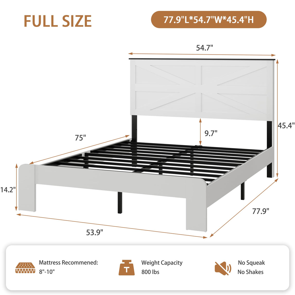 madeslves Farmhouse Full Size Wooden Bed Frame with Headboard, Boho Platform Bedframe, Sturdy Metal Slats Support, No Box Spring Needed, Noise Free, Easy Assembly, White madeslves