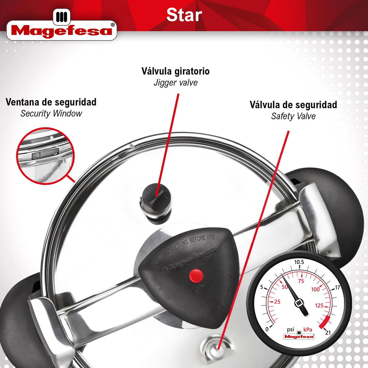 MAGEFESA Star Pressure Cooker, 4.2-Quart, 18/10 Stainless Steel, Works on All Stovetops (Induction Compatible), Safety Lock & 8 PSI Cooking MAGEFESA