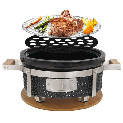 AUPLEX Yakitori Ceramic Charcoal Grill, Japanese Style Tabletop BBQ With Bamboo Heat Shield For Indoor/Outdoor, Round, DIA-14”