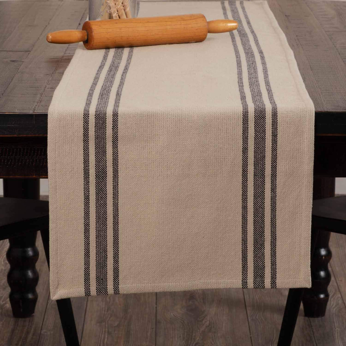 Mill House Stripe Black Table Runner, 36" Long, Farmhouse Primitive Grain Sack Stripe Fabric Table Topper, Beige & Black Piper Classics