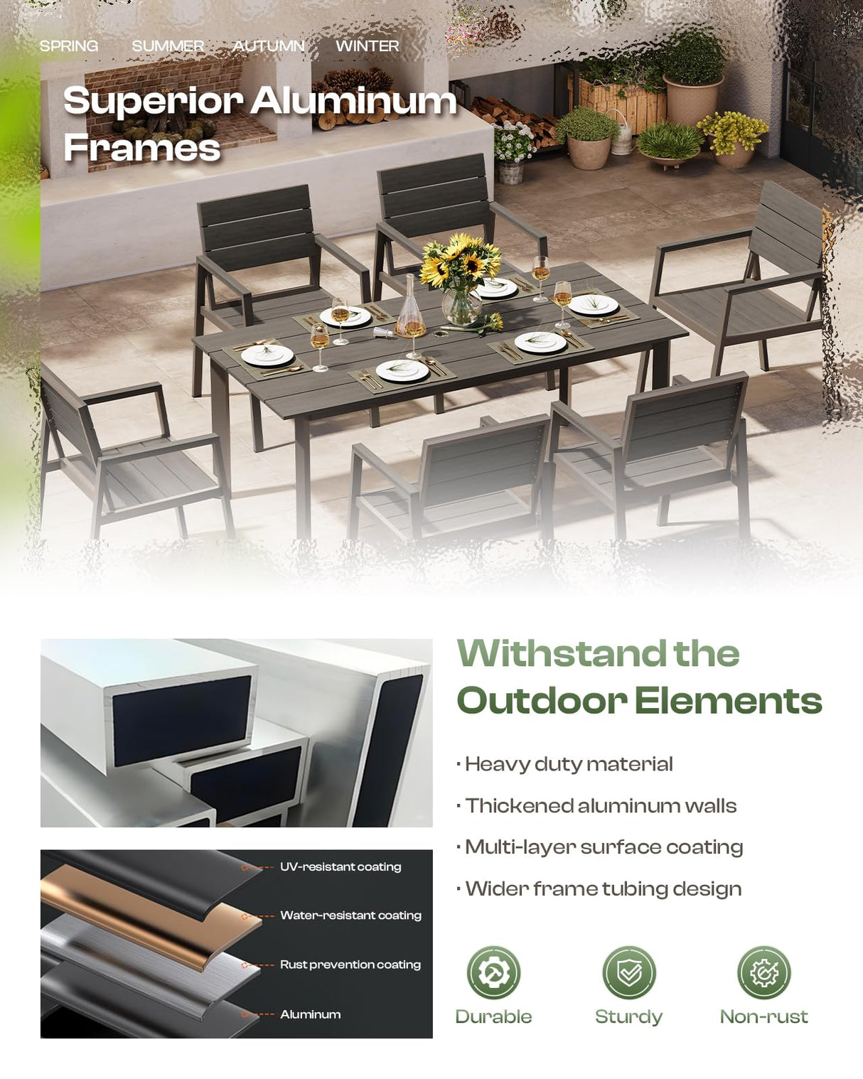 Oasbira Outdoor Patio Dining Table Sets 7-Piece Aluminum and HDPS All-Weather Table and Chairs with Umbrella Hole, Patio Modern Furniture Sets for Garden, Backyard (Charcoal) Oasbira