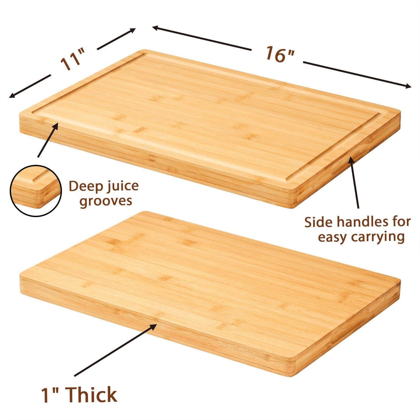 Bamboo Wood Cutting Boards for Kitchen, 1" Thick Charcuterie Boards, Butcher Block with Juice Grooves & Handles - WoodArtSupply